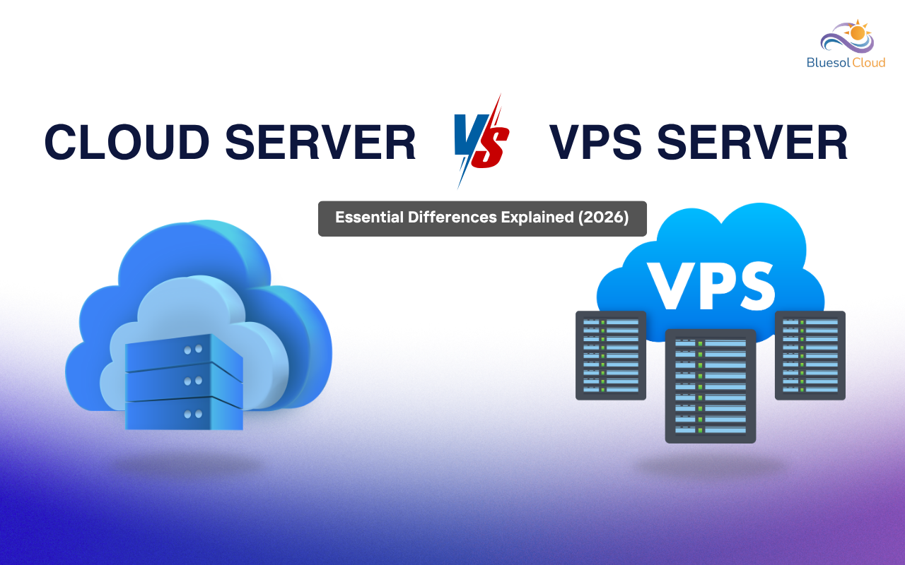 Illustration comparing cloud servers and VPS servers with cloud and server icons.