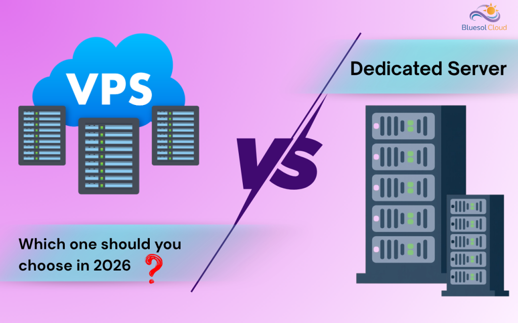 VPS vs Dedicated Server comparison infographic showing the key differences between Virtual Private Server hosting and Dedicated Server hosting to help businesses choose the right hosting solution in 2026.
