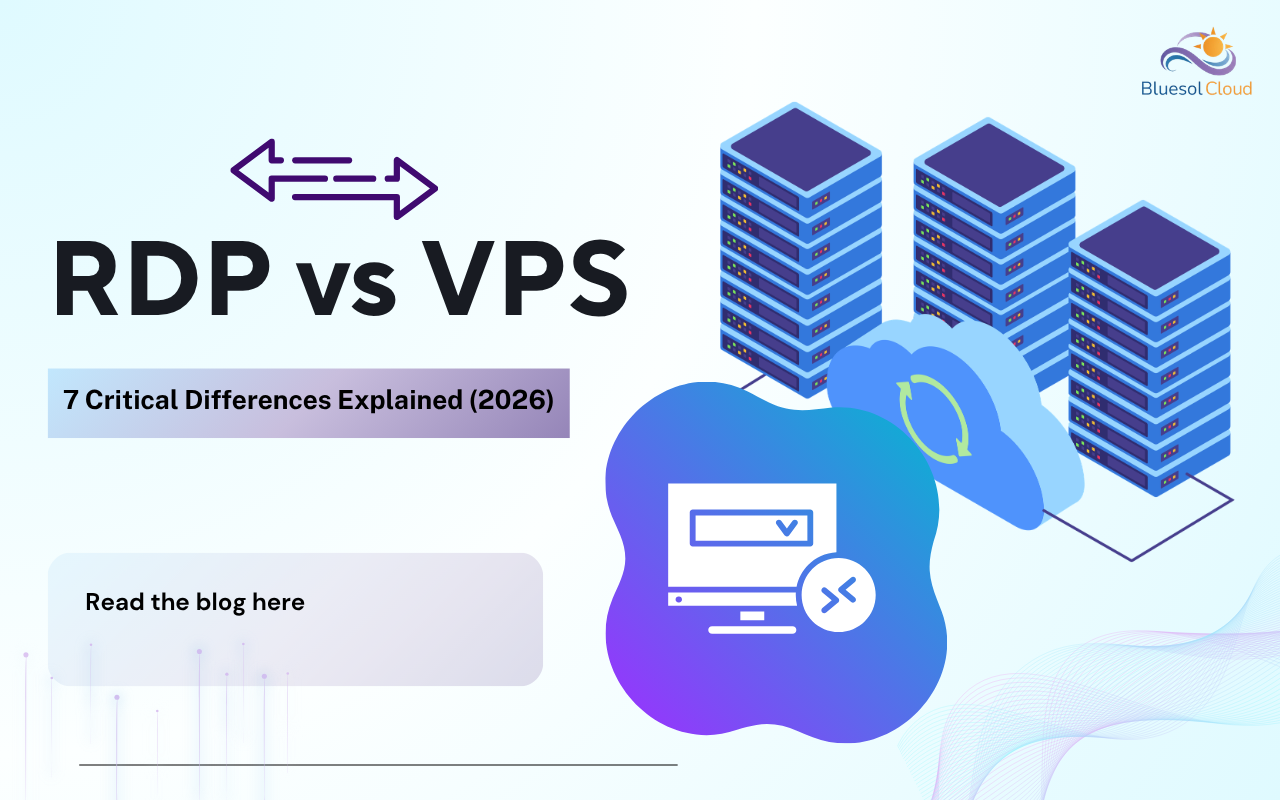 Illustration comparing RDP and VPS hosting with server racks, cloud infrastructure, and remote desktop icons.