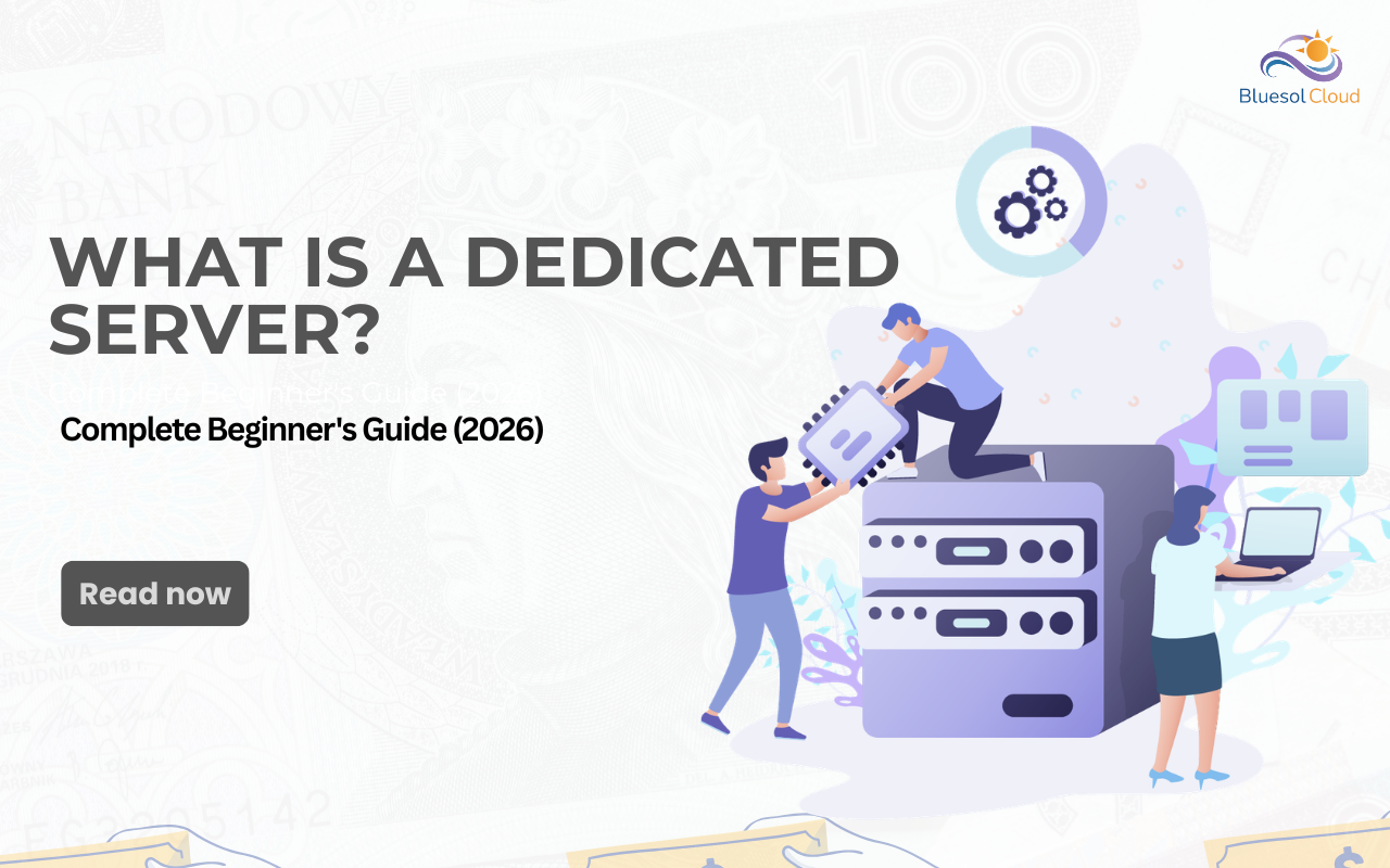 Illustration explaining a dedicated server with people managing server hardware.